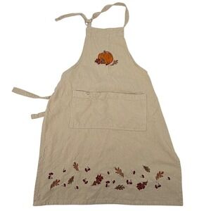 Sur La Table Tan Cotton Fall Apron Pumpkin Leaves Embroidery 26x34 Thanksgiving